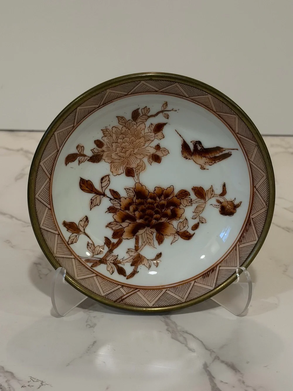 Vintage Japanese Porcelain Brass Mounted Bowl Bird & Floral Trinket Dish 6”